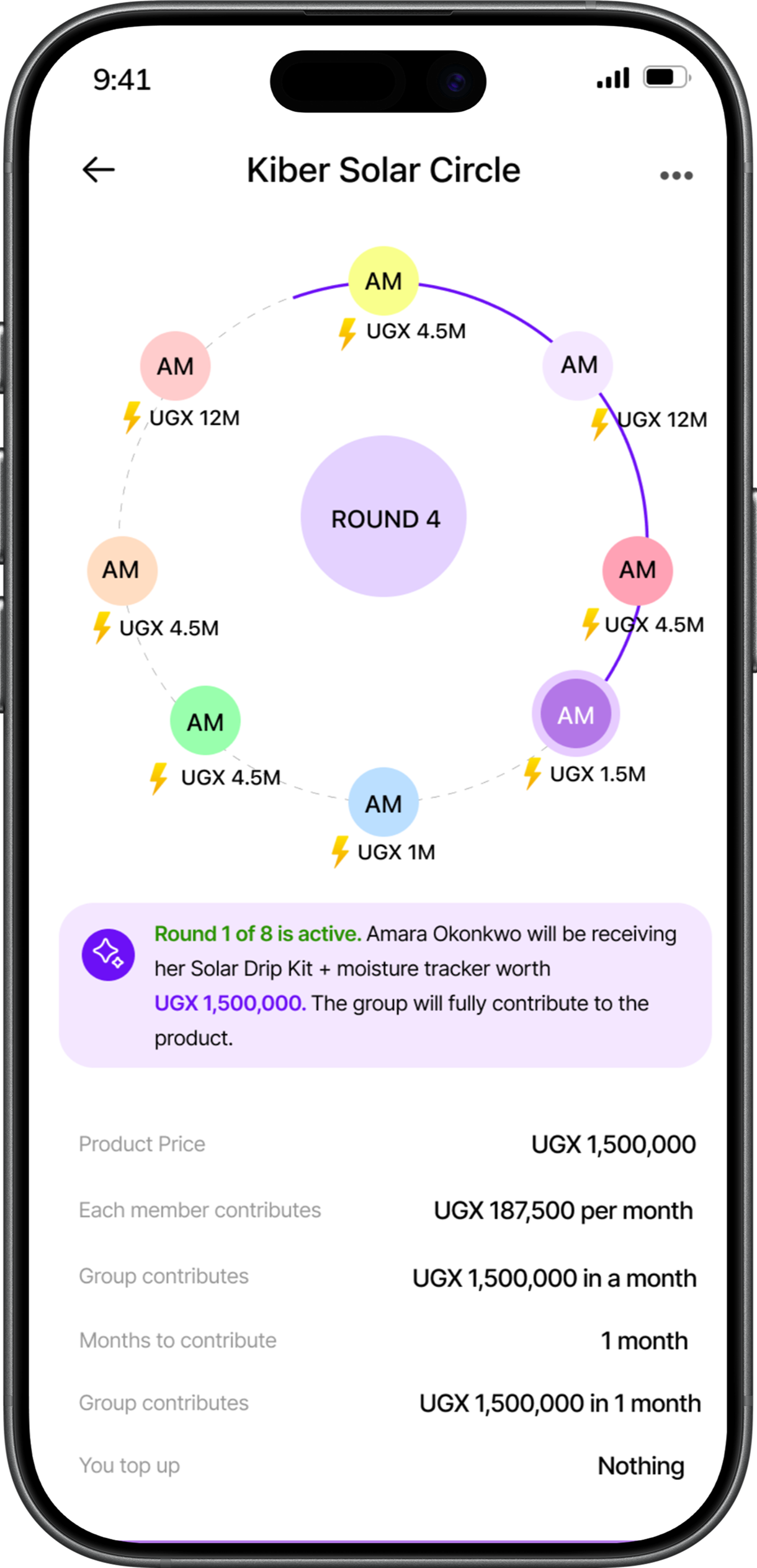 Sandi AI savings circle app screen